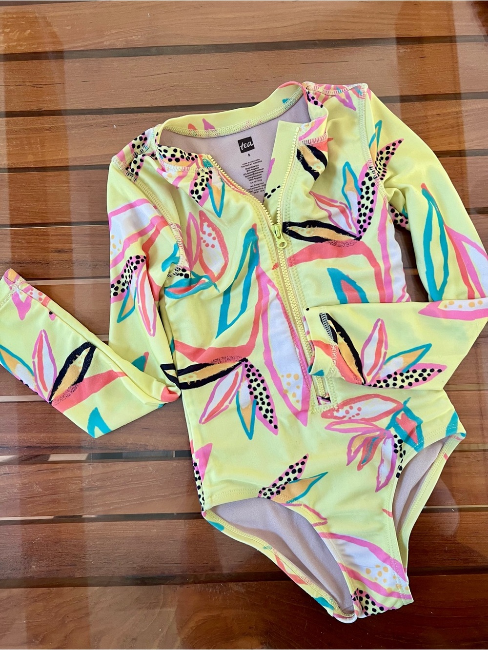 Tea Collection Yellow Floral Zip Swim One-Piece with Pink and Teal Accents